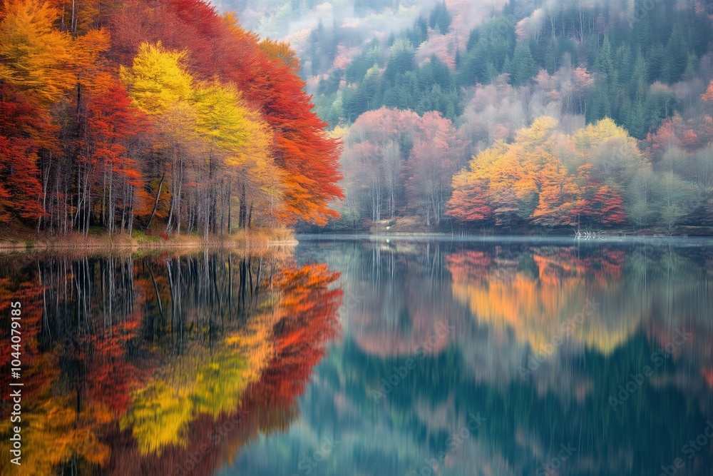 Obraz premium Still autumn lake with colorful foliage reflections
