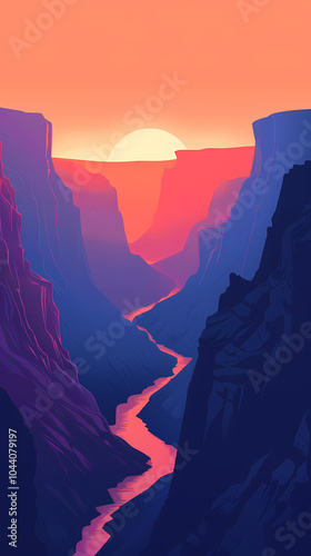 A vibrant sunset casts warm hues over a deep canyon, creating a serene and picturesque landscape with a winding river at its base.