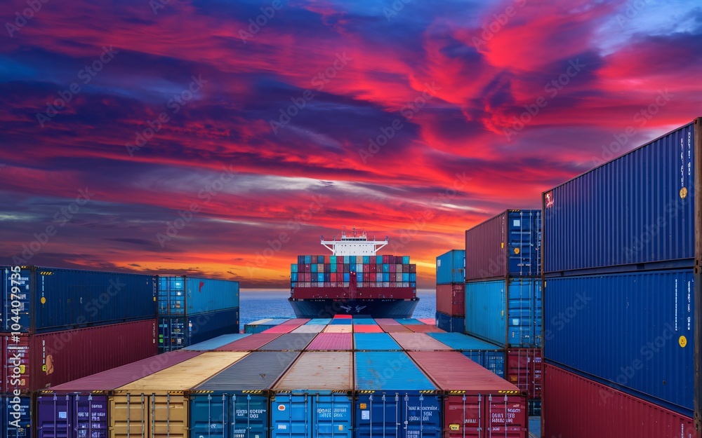 Fototapeta premium Cargo ship, Cargo ship at sunset with colorful containers.