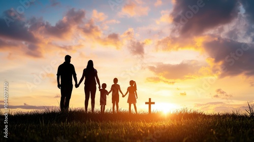 Serene Family Silhouette at Sunset by Gravesite