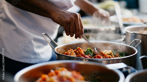 The hands of a chef preparing a nutritious meal in a bustling soup kitchen, Reflecting dedication to alleviating food insecurity, close-up photography style