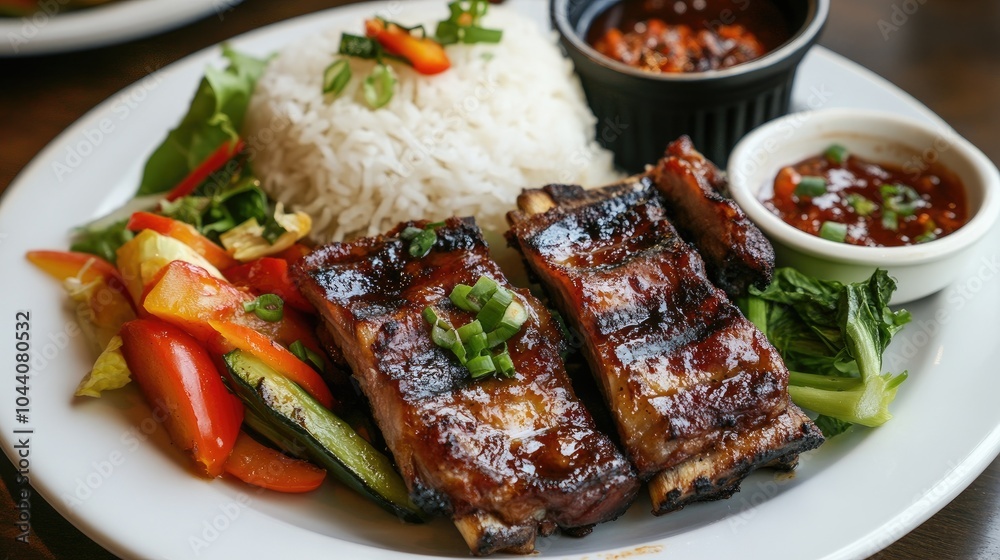 Grilled Meat Dish with Rice and Fresh Vegetables Grilled Meat Dish with Rice and Fresh Vegetables