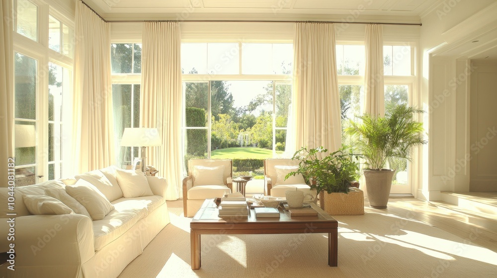 Fototapeta premium Bright and Airy Living Room with Garden View
