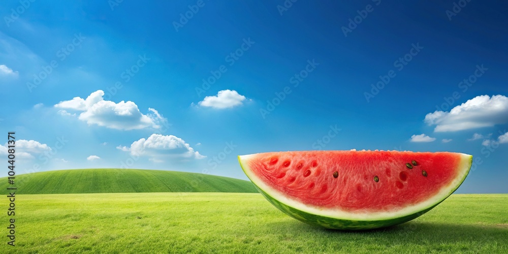 Scenic summer landscape featuring a clear blue sky, watermelon fields, and rolling hills Scenic summer landscape featuring a clear blue sky, watermelon fields, and rolling hills