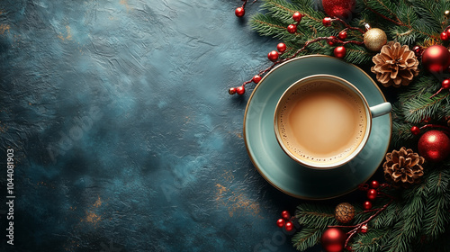 cup of coffee on a green table with christmas decoration photo