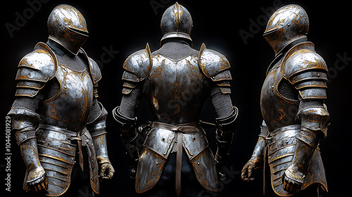 A stunning display of European medieval knight armor showcases intricate details and craftsmanship. This museum piece highlights historical significance and artistry of armor design