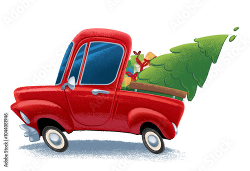 illustration car delivery christmas tree greeting card
