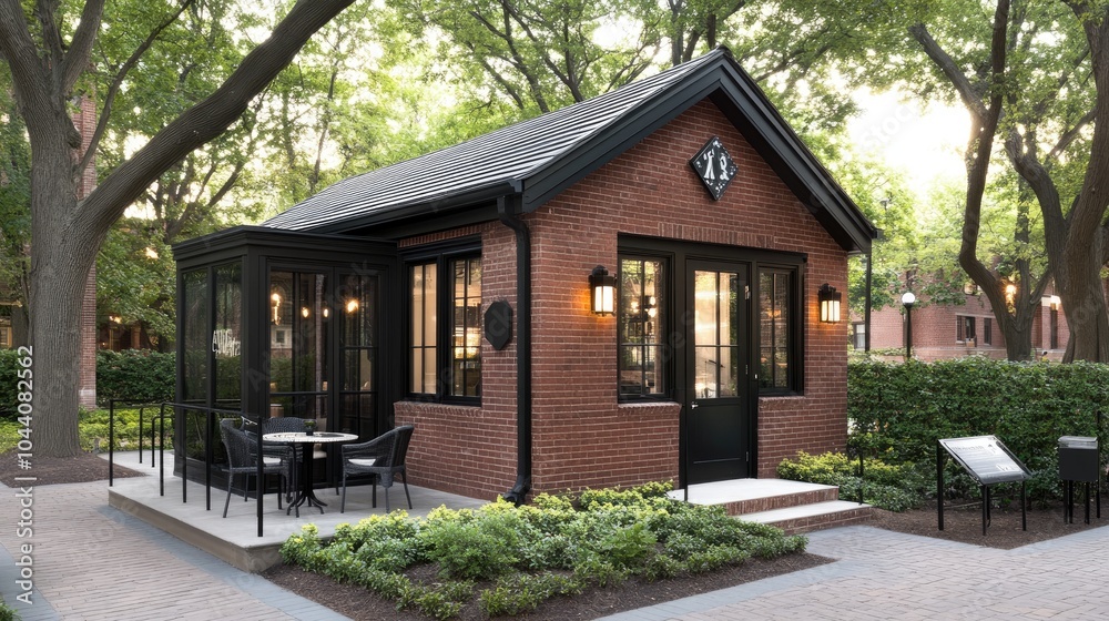 The inviting brick house features a black roof, porch, and paver patio surrounded by trees, creating a peaceful outdoor retreat The inviting brick house features a black roof, porch, and paver patio surrounded by trees, creating a peaceful outdoor retreat