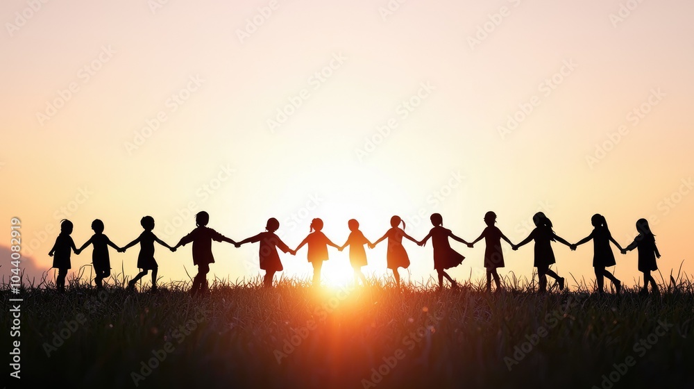 Fototapeta premium People Holding Hands in Sunset Silhouette
