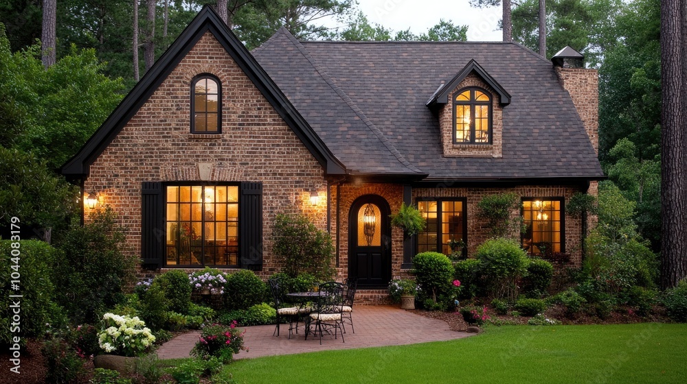 The inviting brick house features a black roof, porch, and paver patio surrounded by trees, creating a peaceful outdoor retreat The inviting brick house features a black roof, porch, and paver patio surrounded by trees, creating a peaceful outdoor retreat