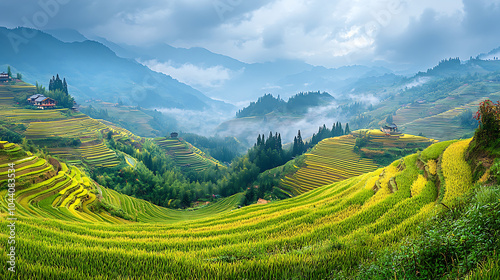 Lush rice fields in southern China create stunning landscape on cloudy day, showcasing vibrant green terraces and misty mountains in background