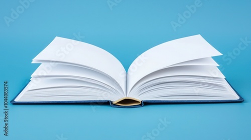 Open book with white pages, blank education template on a solid background