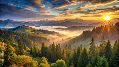 Scenic sunrise over mountainous woodland views