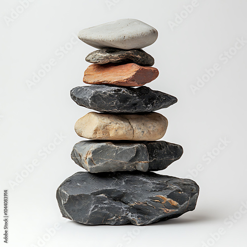 Stacked stones create harmonious balance, showcasing variety of textures and colors against light background. This arrangement evokes sense of tranquility and natural beauty photo