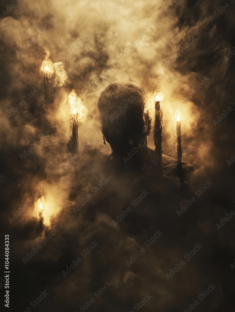 Obraz premium Skull-faced figure emerging from smoke, surrounded by candlelight, evoking a sense of exorcism.