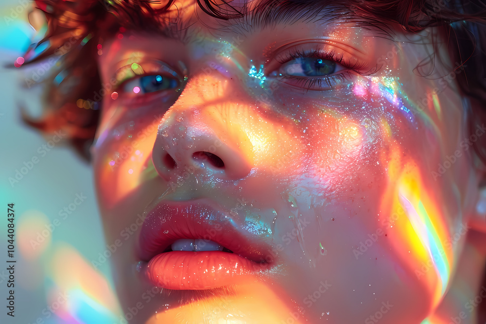 A close-up of a young white male with glistening skin illuminated by colorful reflections, showcasing a dreamy and ethereal mood. A close-up of a young white male with glistening skin illuminated by colorful reflections, showcasing a dreamy and ethereal mood.
