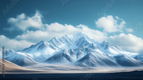 Majestic snow capped mountains rise against clear blue sky, showcasing breathtaking beauty of Tibets landscape. serene atmosphere evokes sense of peace and wonder photo