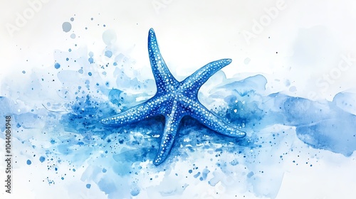 A vibrant blue starfish painted in watercolor, resting on a splattered blue background, evoking a peaceful oceanic vibe.