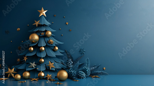 Paper Cut Art Stencil Blue Christmas Tree with golden ornaments on a blue background. Copy space for text advertisement.