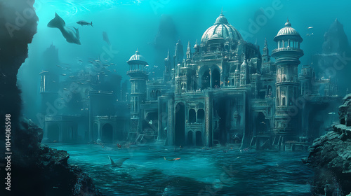 An underwater city populated by merfolk. Merfolk Palace. Illustration photo