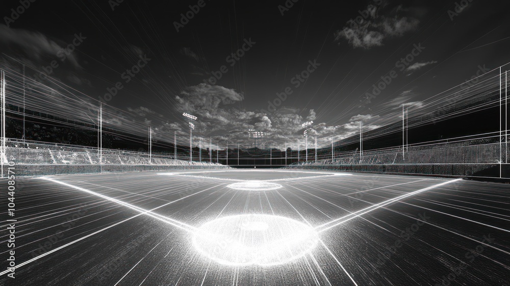 A black and white image of a baseball field with a wireframe overlay, capturing a sense of future technology and athleticism. A black and white image of a baseball field with a wireframe overlay, capturing a sense of future technology and athleticism.