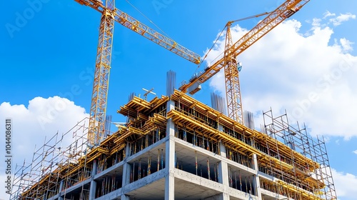 A construction site featuring a tall building under development, supported by cranes against a bright blue sky.
