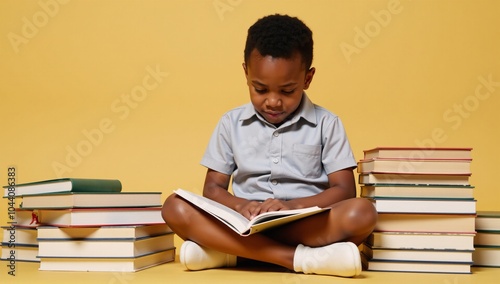 An African American boy is shown engrossed in a book stack