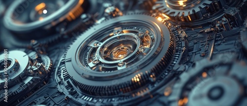 Close-up of intricate mechanical gears and components with a futuristic design.