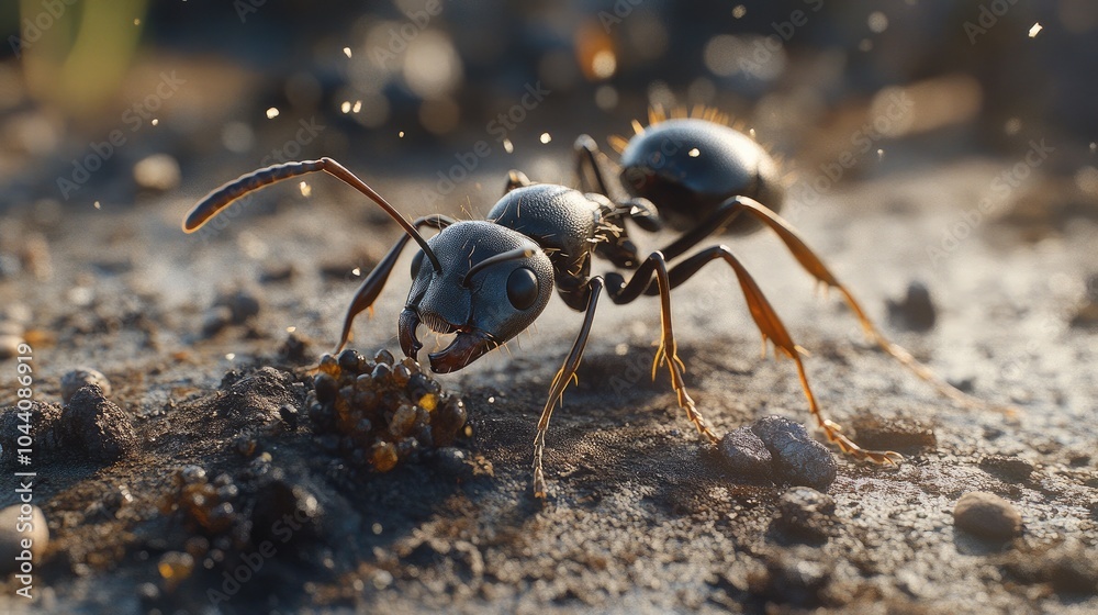Close-Up of an Ant on Soil With Dew Drops Close-Up of an Ant on Soil With Dew Drops