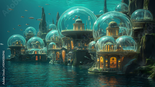 An underwater metropolis with bubble domes, inhabited by merfolk and sea creatures. Merfolk Palace. Illustration photo