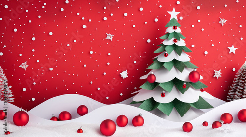 Paper Cut Art Stencil green Christmas Tree with red ornaments on a red background. Copy space for text advertisement.