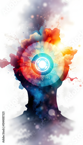 human head, chakra power, fantasy abstract thinking, world, universe inside your mind, watercolor painting isolated with white highlights, png photo