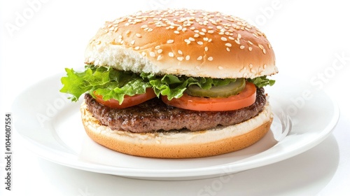 Juicy Hamburger with Fresh Vegetables on White Plate