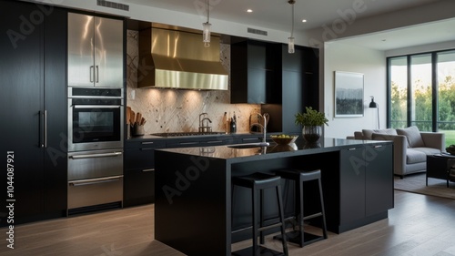 Modern kitchen with black cabinets, a large island, stainless steel appliances, and a gold hood.