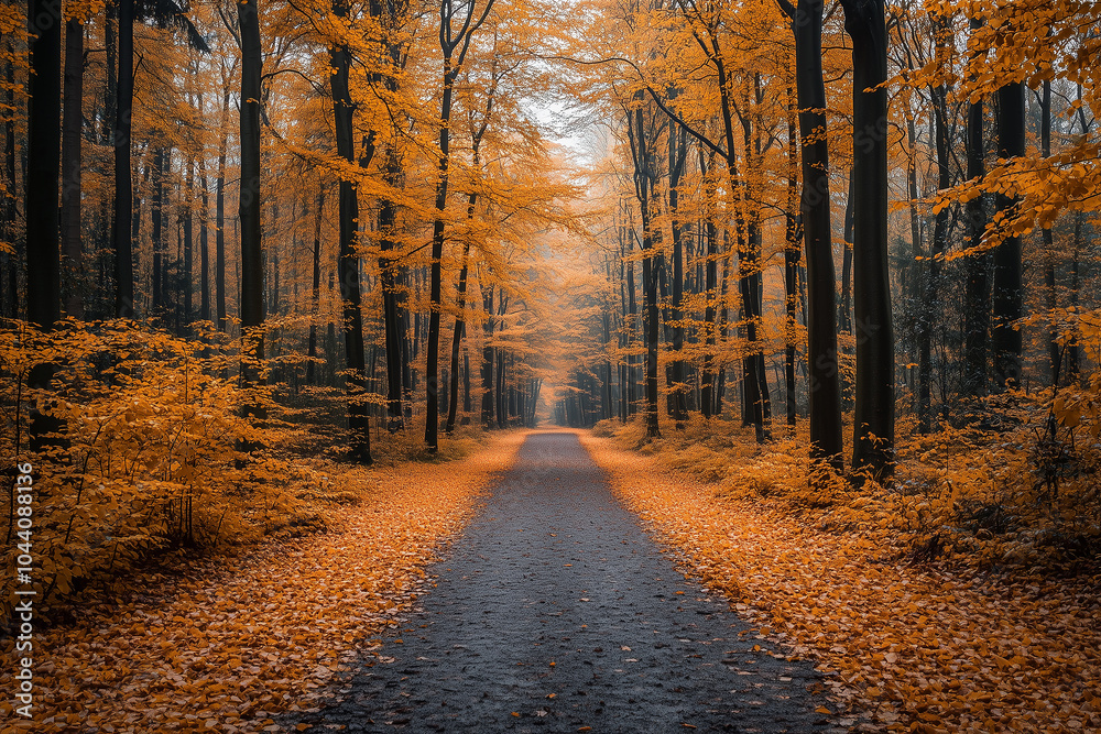 Obraz premium A tranquil autumn pathway lined with vibrant orange leaves in a serene forest setting during the fall season