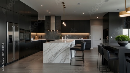 Modern kitchen with black cabinets, white marble island, and stainless steel appliances.