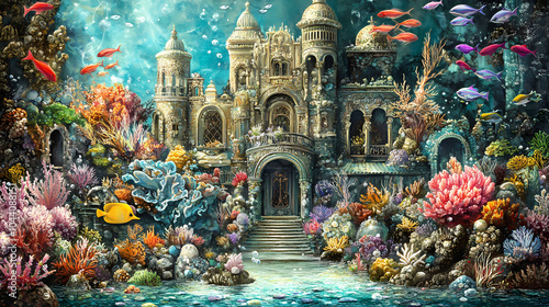 An underwater palace of coral and pearl, inhabited by merfolk and guarded by schools of colorful fish. Merfolk Palace. Illustration photo