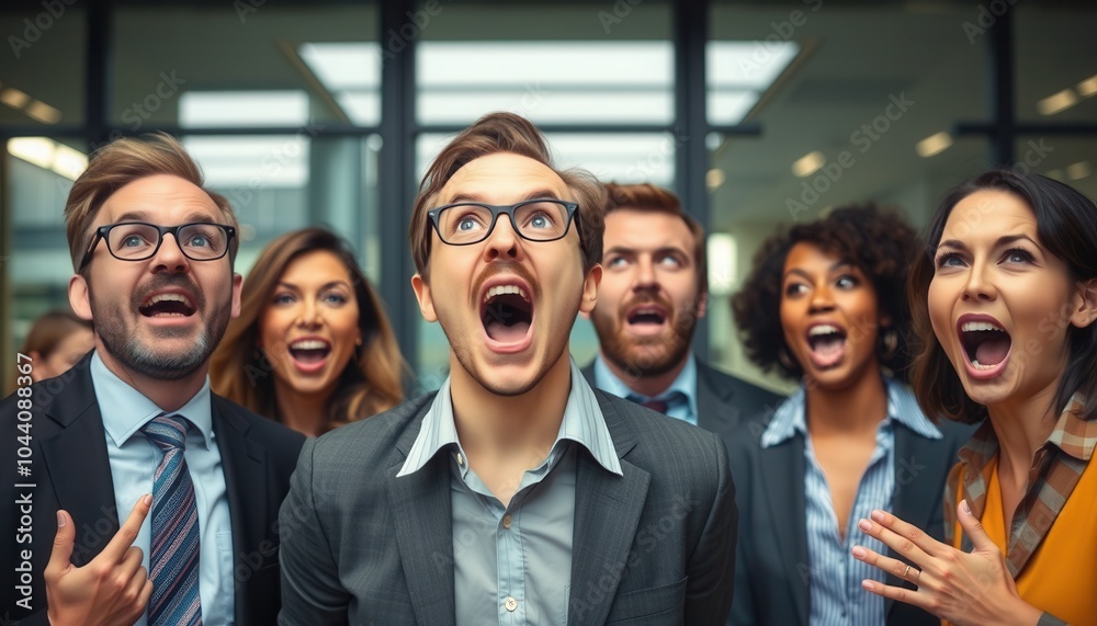 Excited group of professionals expressing enthusiasm during a team meeting at a modern office setting Excited group of professionals expressing enthusiasm during a team meeting at a modern office setting