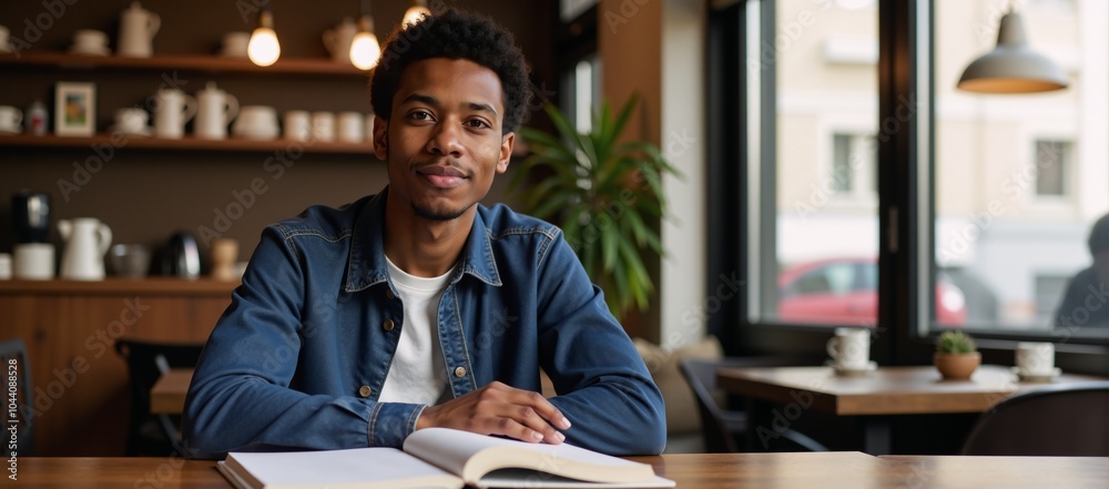 Fototapeta premium Image of African American college student seated at caf