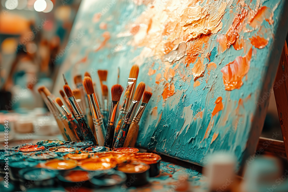 Fototapeta premium Art materials on a colorful canvas in a vibrant studio filled with creative energy during the day