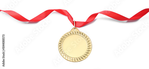 One golden medal isolated on white, top view