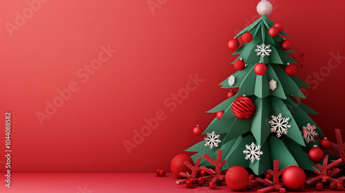 Paper Cut Art Stencil green Christmas Tree with red ornaments on a red background. Copy space for text advertisement.