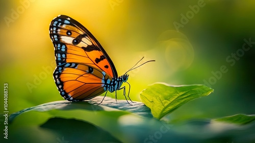 A vibrant orange butterfly perched on a green leaf, illuminated by soft sunlight, showcasing nature's beauty and delicate details.