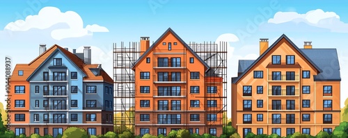 A vibrant illustration of three contrasting buildings, showcasing construction and architectural design with blue skies and greenery in the background. photo