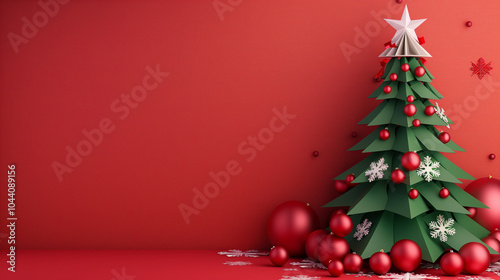 Paper Cut Art Stencil green Christmas Tree with red ornaments on a red background. Copy space for text advertisement.