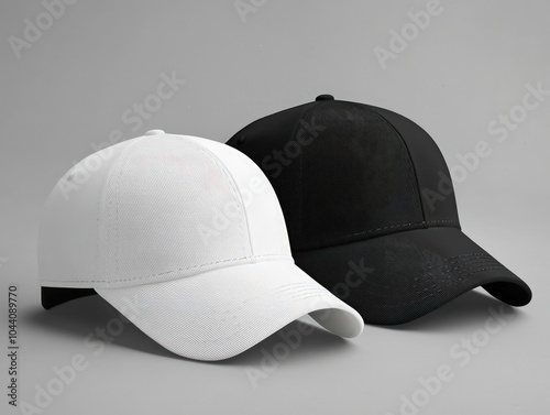 White and black baseball caps mockup, front view on grey background