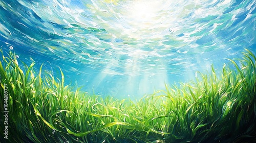 Vibrant underwater scene with sunlight streaming through water, showcasing lush green aquatic plants swaying in the serene water.