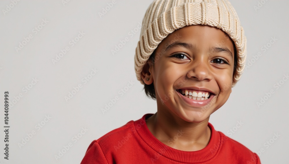 A young African-American boy sports a warm friendly smile while donning a red sweater and beige knit hat A young African-American boy sports a warm friendly smile while donning a red sweater and beige knit hat