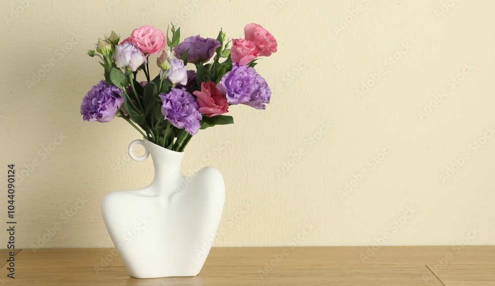 Fototapeta premium Vase with beautiful eustoma flowers on wooden table, space for text
