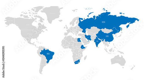 Political vector map of the BRICS intergovernmental organization member countries - Brazil, Russia, India, China, South Africa, Iran, Egypt, Ethiopia, and the United Arab Emirates